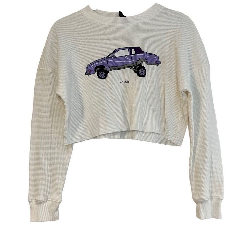 Forever 21 Waffle Knit Lowrider Graphic Tee Cropped Hem Size Small